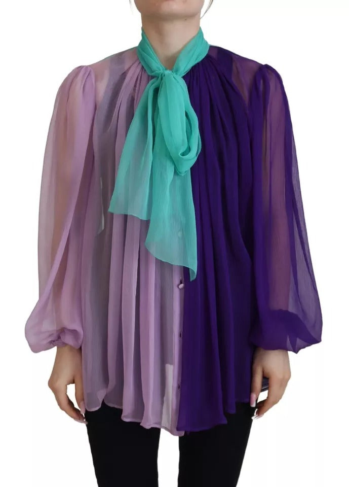 Dolce & Gabbana Multicolor Long Sleeves Ascot Collar Silk Women's Top (Pre-Owned)