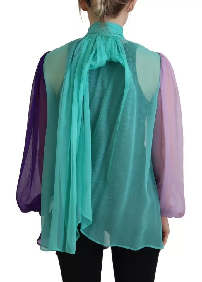 Dolce & Gabbana Multicolor Long Sleeves Ascot Collar Silk Women's Top (Pre-Owned)