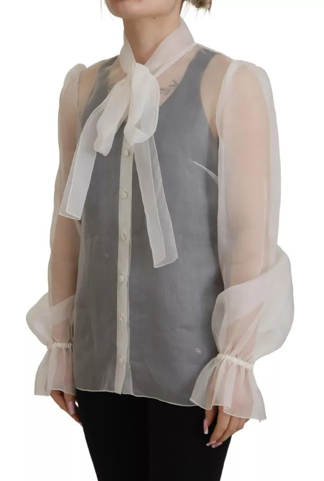 Dolce & Gabbana White Ascot Collar Long Sleeves Blouse Women's Top (Pre-Owned)