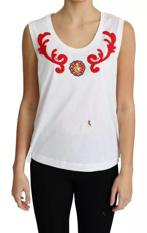 Dolce & Gabbana White Cotton Heart Applique Sleeveless Tank Women's Top (Pre-Owned)