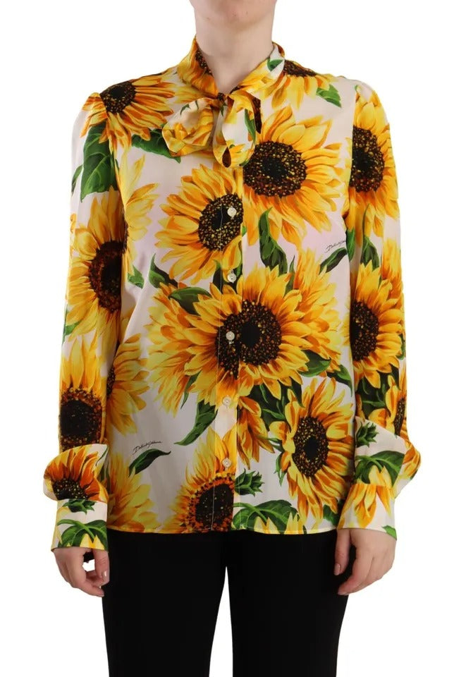Dolce & Gabbana White Sunflower Silk Ascot Collar Blouse Women's Top (Pre-Owned)