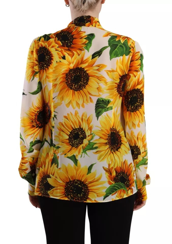 Dolce & Gabbana White Sunflower Silk Ascot Collar Blouse Women's Top (Pre-Owned)