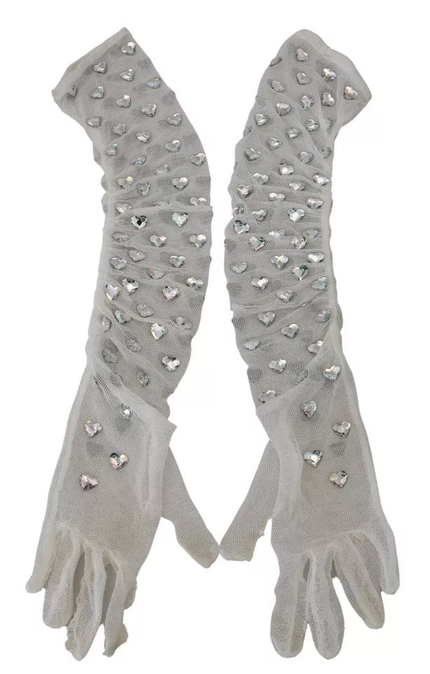 Dolce & Gabbana White Crystal Elbow Length Cotton Tulle Women's Gloves (Pre-Owned)