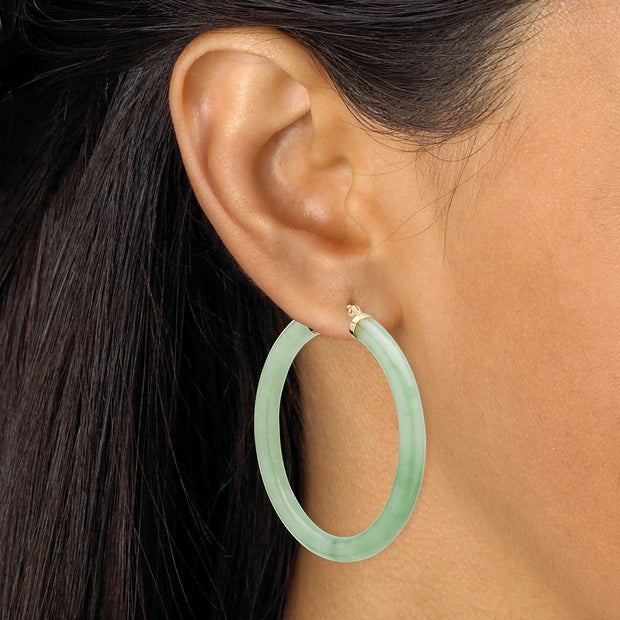 PalmBeach Jewelry 10K Yellow Gold Round Genuine Green Jade Hoop Earrings (45mm)