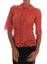 Dolce & Gabbana Orange Crystal Buttons Floral Lace Women's Blouse