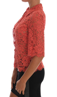 Dolce & Gabbana Orange Crystal Buttons Floral Lace Women's Blouse