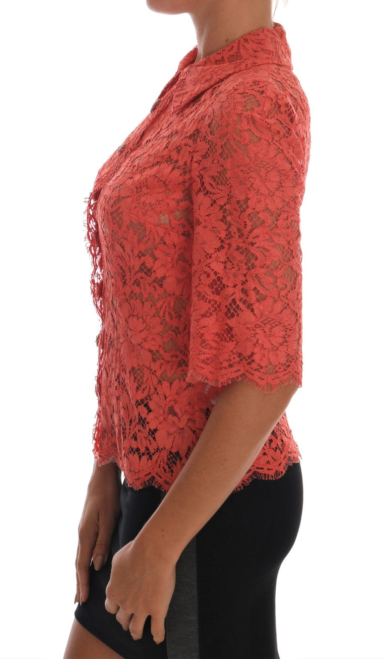 Dolce & Gabbana Orange Crystal Buttons Floral Lace Women's Blouse