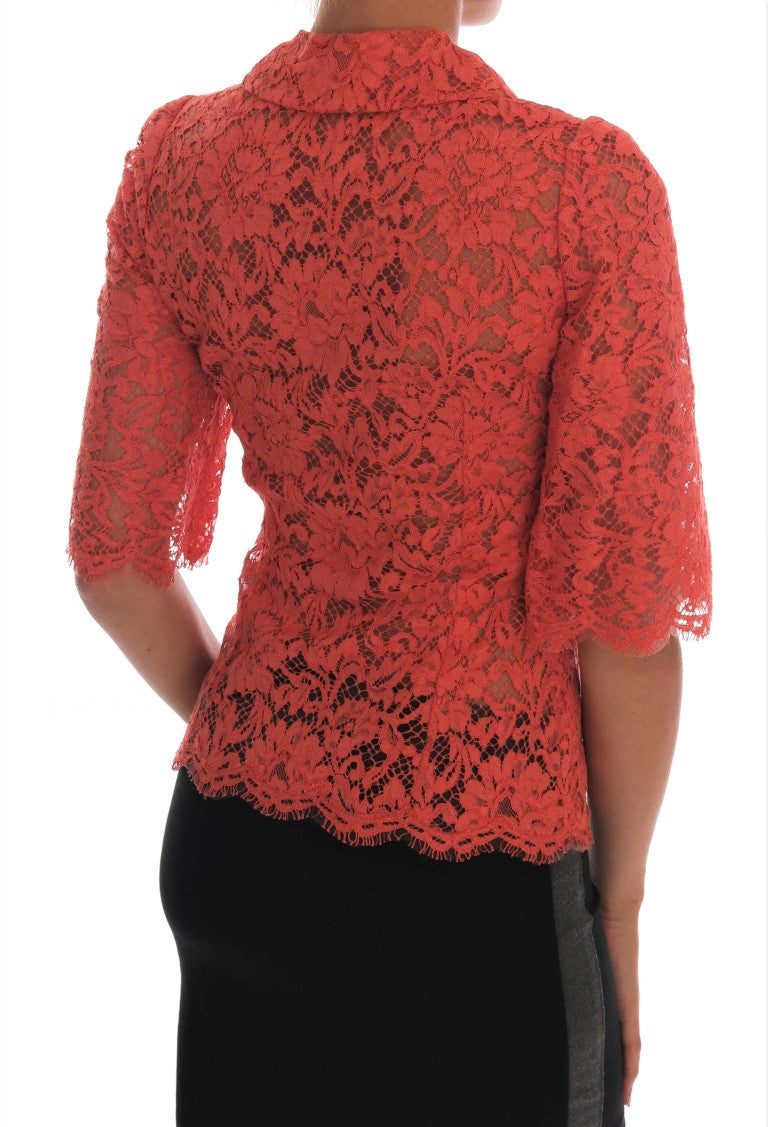 Dolce & Gabbana Orange Crystal Buttons Floral Lace Women's Blouse
