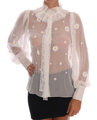 Dolce & Gabbana White Daisy Applique Silk Women's Shirt