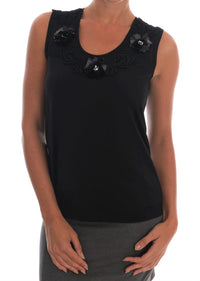 Dolce & Gabbana Black Cotton Floral Crystal Tank Women's Top