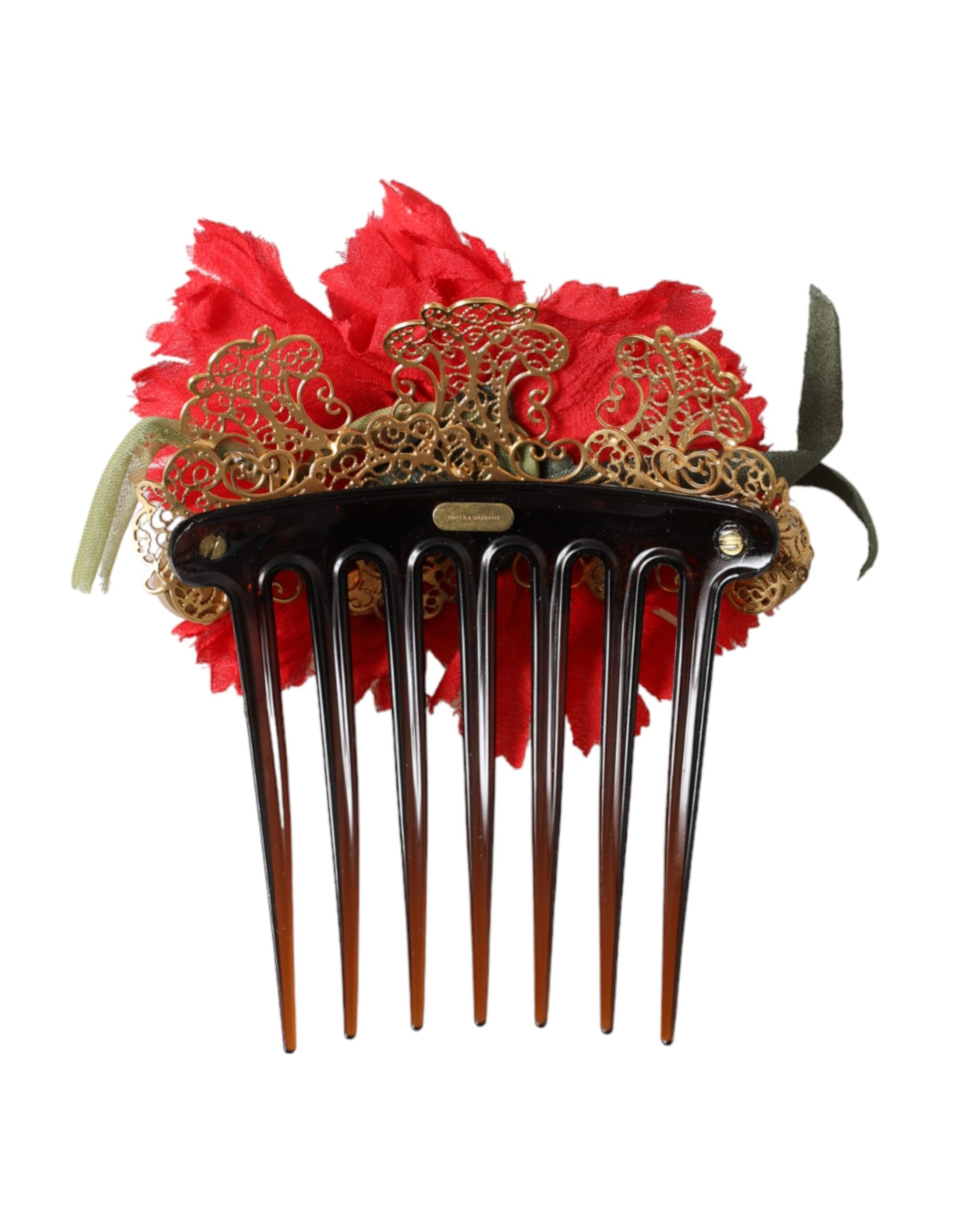 Dolce & Gabbana Dolce & Gabbana Red Silk Floral Gold Brass Women Hair Women's Comb