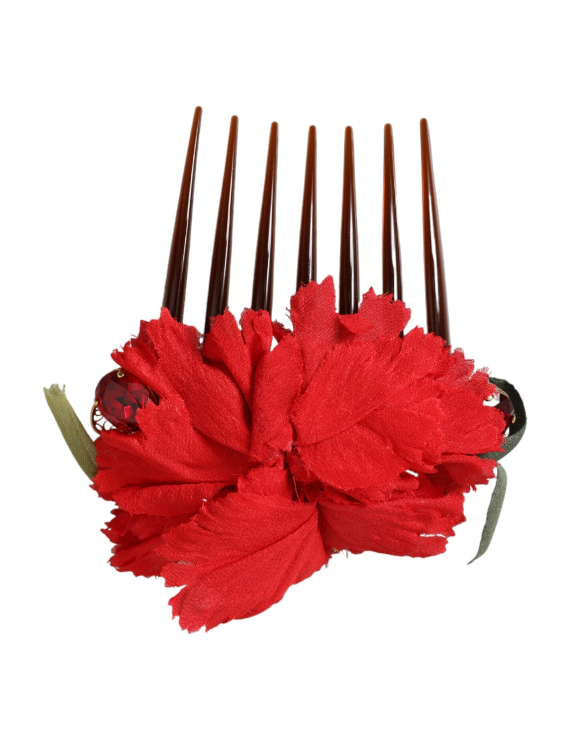 Dolce & Gabbana Dolce & Gabbana Red Silk Floral Gold Brass Women Hair Women's Comb