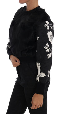 Dolce & Gabbana Black Fur Floral Brocade Zipper Women's Sweater
