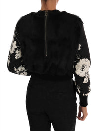 Dolce & Gabbana Black Fur Floral Brocade Zipper Women's Sweater