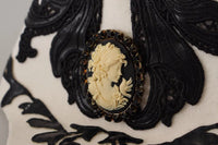 Dolce & Gabbana White Black Wool Embroidered Cameo Brooch Women's Hat