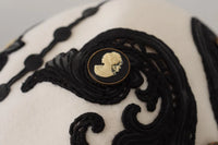 Dolce & Gabbana White Black Wool Embroidered Cameo Brooch Women's Hat