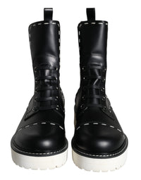 Dolce & Gabbana Black Leather Combat Mid Calf Boots Women's Shoes