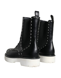 Dolce & Gabbana Black Leather Combat Mid Calf Boots Women's Shoes