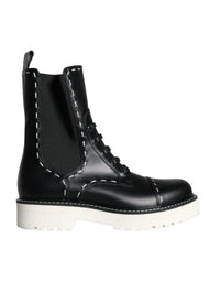 Dolce & Gabbana Black Leather Combat Mid Calf Boots Women's Shoes