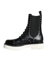 Dolce & Gabbana Black Leather Combat Mid Calf Boots Women's Shoes