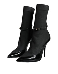 Dolce & Gabbana Black Leather Stilettos Booties Socks Women's Shoes