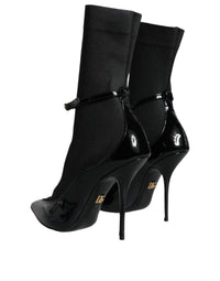 Dolce & Gabbana Black Leather Stilettos Booties Socks Women's Shoes