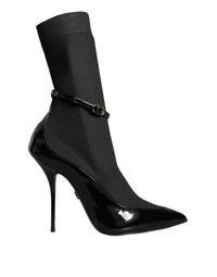 Dolce & Gabbana Black Leather Stilettos Booties Socks Women's Shoes