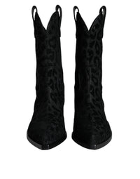 Dolce & Gabbana Black Gray Leopard Cowboy Boots Women's Shoes