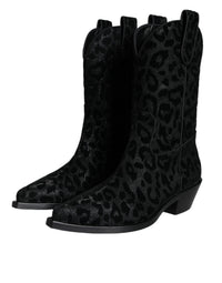 Dolce & Gabbana Black Gray Leopard Cowboy Boots Women's Shoes