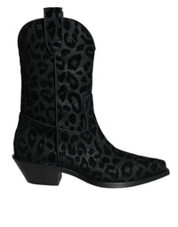 Dolce & Gabbana Black Gray Leopard Cowboy Boots Women's Shoes