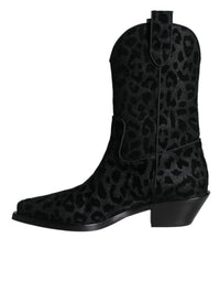 Dolce & Gabbana Black Gray Leopard Cowboy Boots Women's Shoes