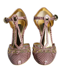 Dolce & Gabbana Pink Gold Leather Pumps T-strap Sandals Women's Shoes