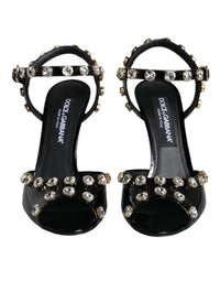 Dolce & Gabbana Black Leather Crystal Ankle Strap Sandals Women's Shoes