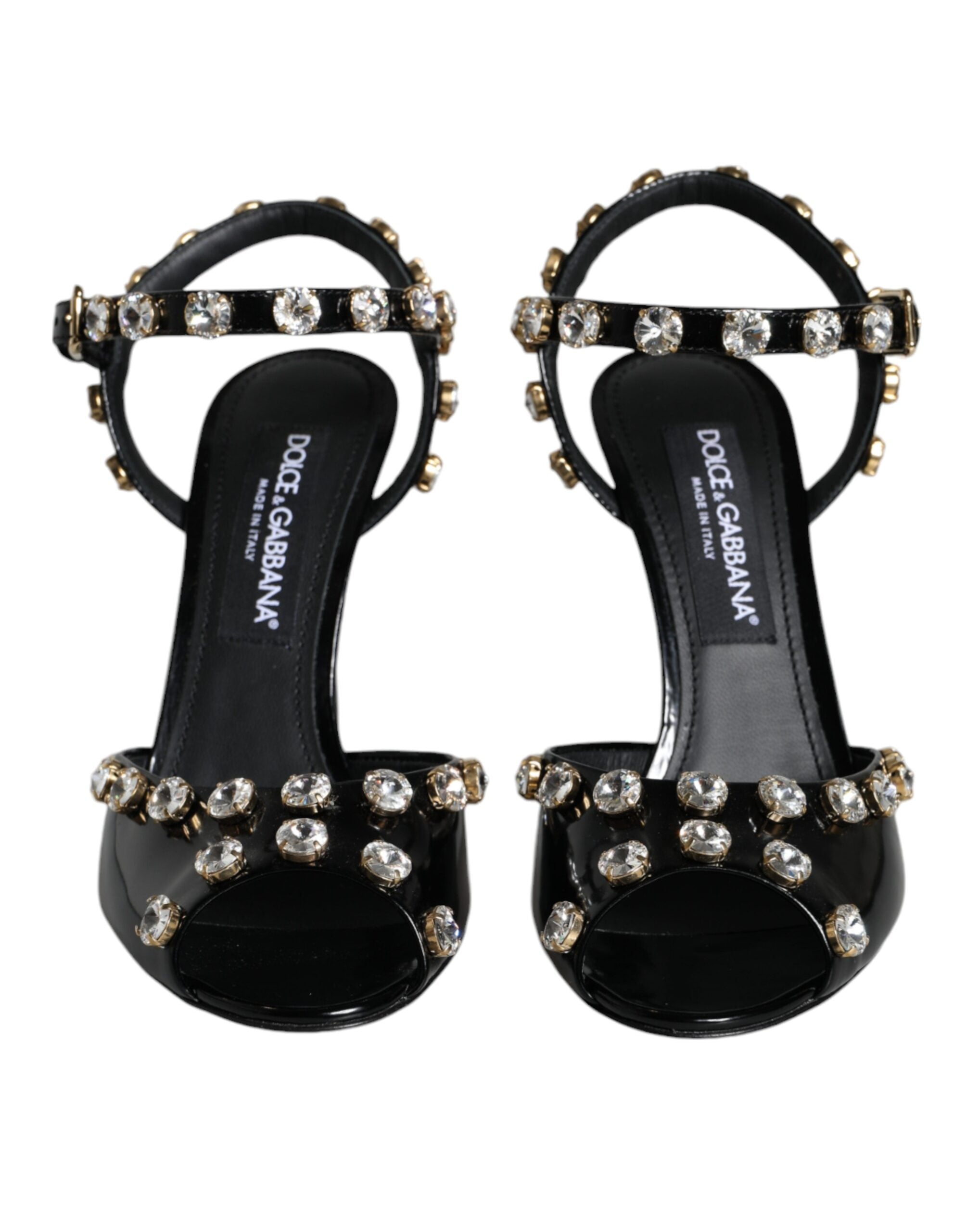 Dolce & Gabbana Black Leather Crystal Ankle Strap Sandals Women's Shoes
