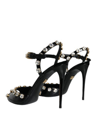 Dolce & Gabbana Black Leather Crystal Ankle Strap Sandals Women's Shoes