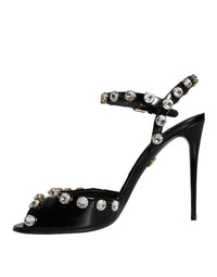 Dolce & Gabbana Black Leather Crystal Ankle Strap Sandals Women's Shoes