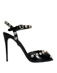 Dolce & Gabbana Black Leather Crystal Ankle Strap Sandals Women's Shoes