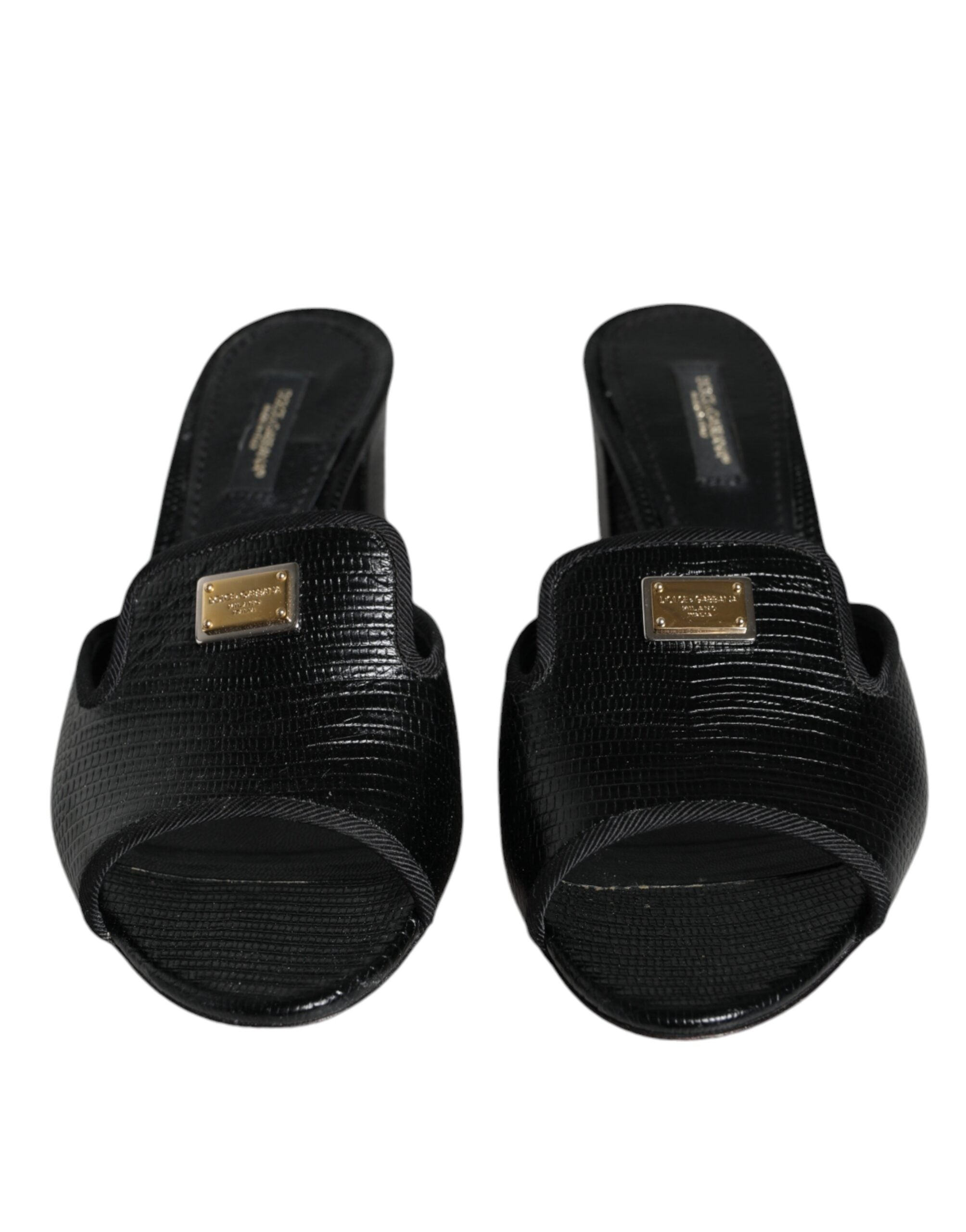 Dolce & Gabbana Black Logo Plaque Leather Heels Sandals Women's Shoes (Pre-Owned)