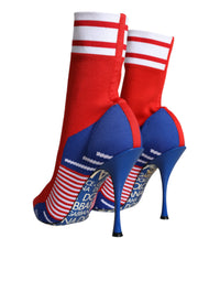 Dolce & Gabbana Red Blue Stretch Sock Style Ankle Boots Logo Women's Shoes