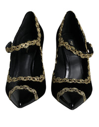 Dolce & Gabbana Black Mary Janes Velvet Gold Pumps Women's Shoes