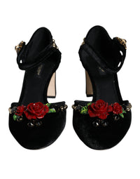 Dolce & Gabbana Black Velvet Roses Ankle Strap Pumps Women's Shoes
