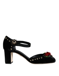 Dolce & Gabbana Black Velvet Roses Ankle Strap Pumps Women's Shoes
