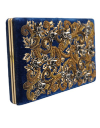 Dolce & Gabbana Blue Velvet Gold Frame Clutch Evening Party Purse Women's Bag