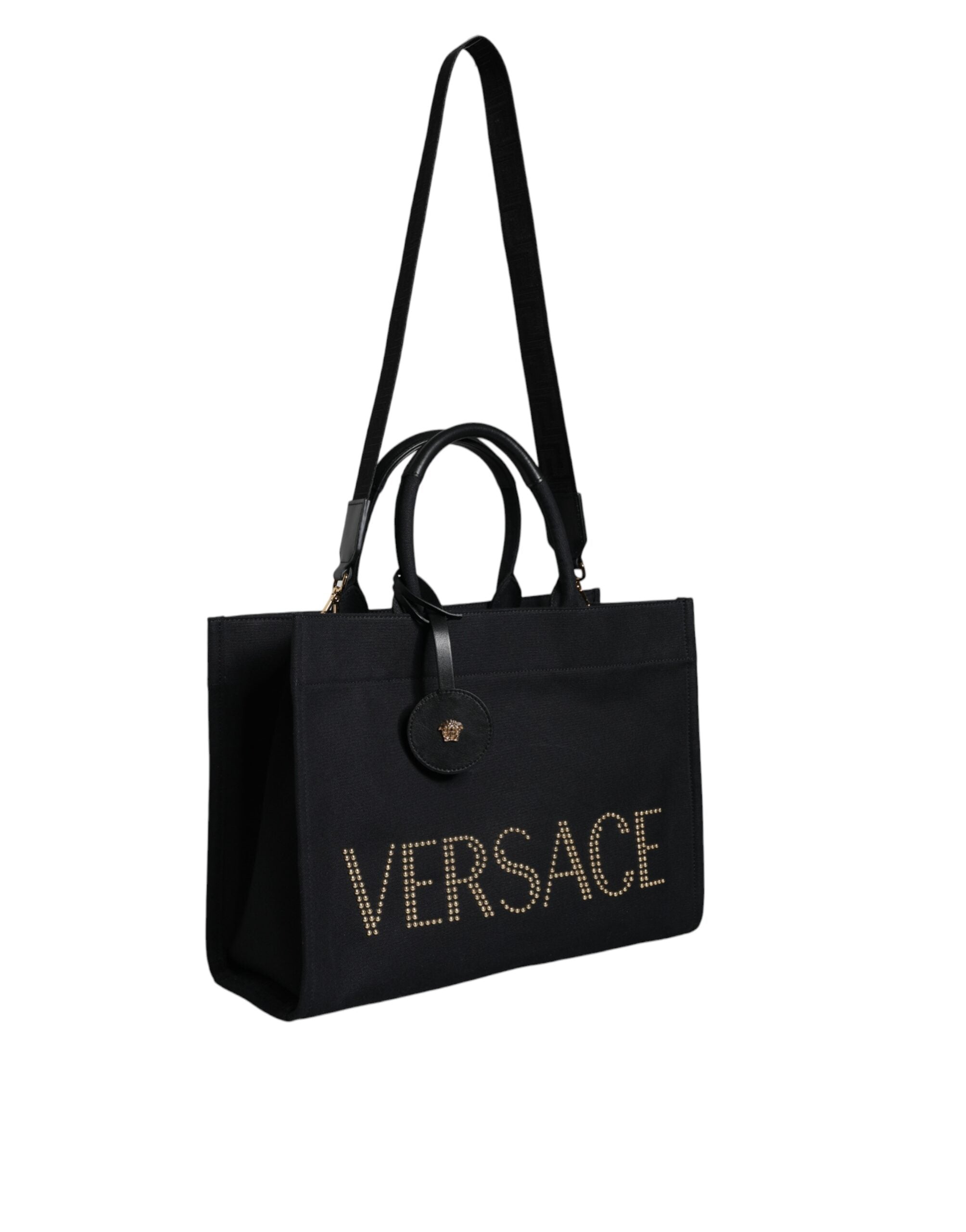 VERSACE 黒 ハンドバッグ Versace Black Top Handle Canvas Leather Logo Crossbody Tote