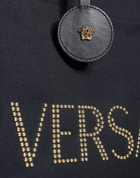 Versace Black Top Handle Canvas Leather Logo Crossbody Tote Women's Bag