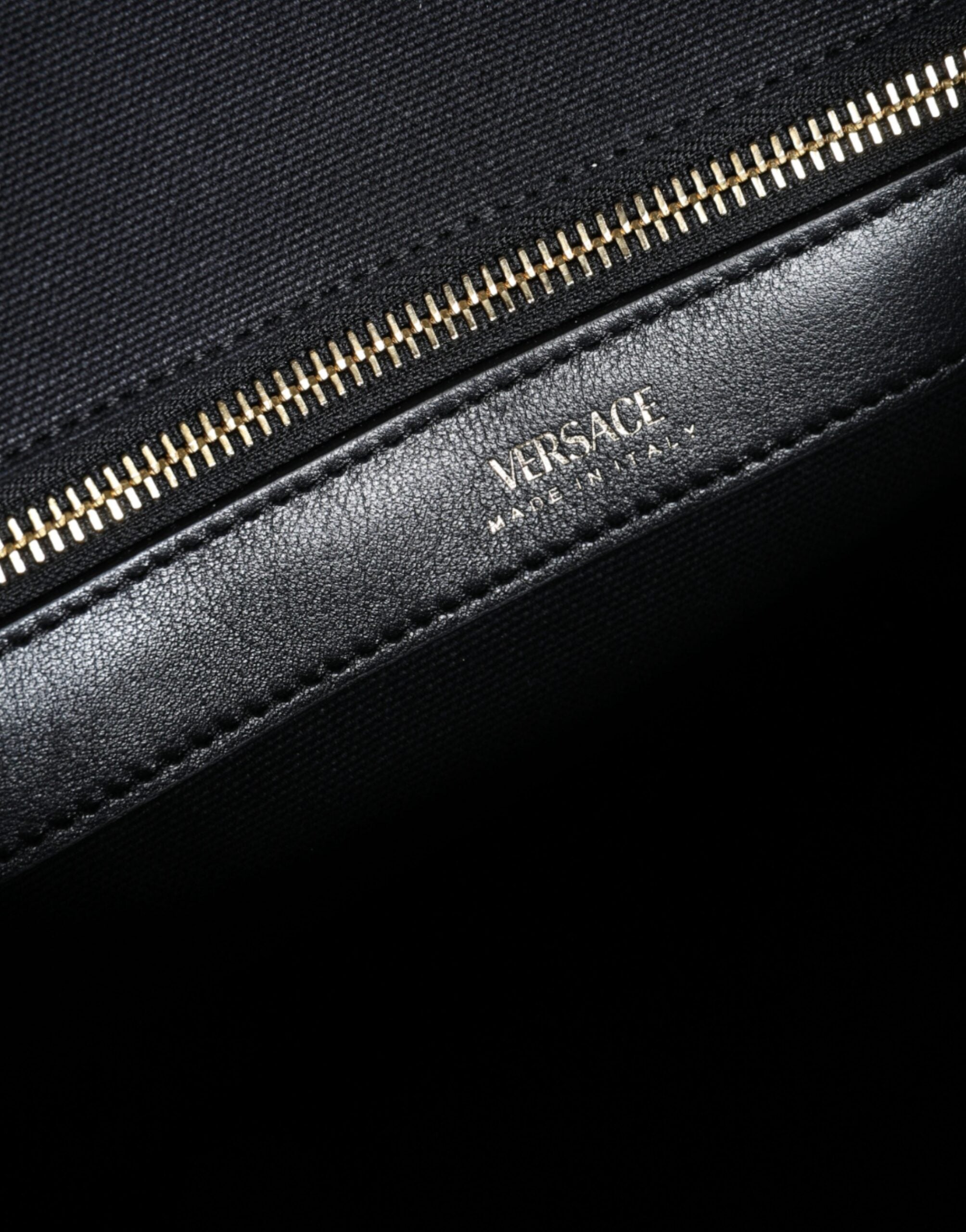 Versace Black Top Handle Canvas Leather Logo Crossbody Tote