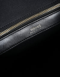 Versace Black Top Handle Canvas Leather Logo Crossbody Tote Women's Bag