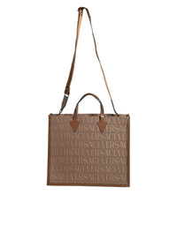 Versace Brown Top Handle Jacquard Leather Logo Crossbody Tote Women's Bag