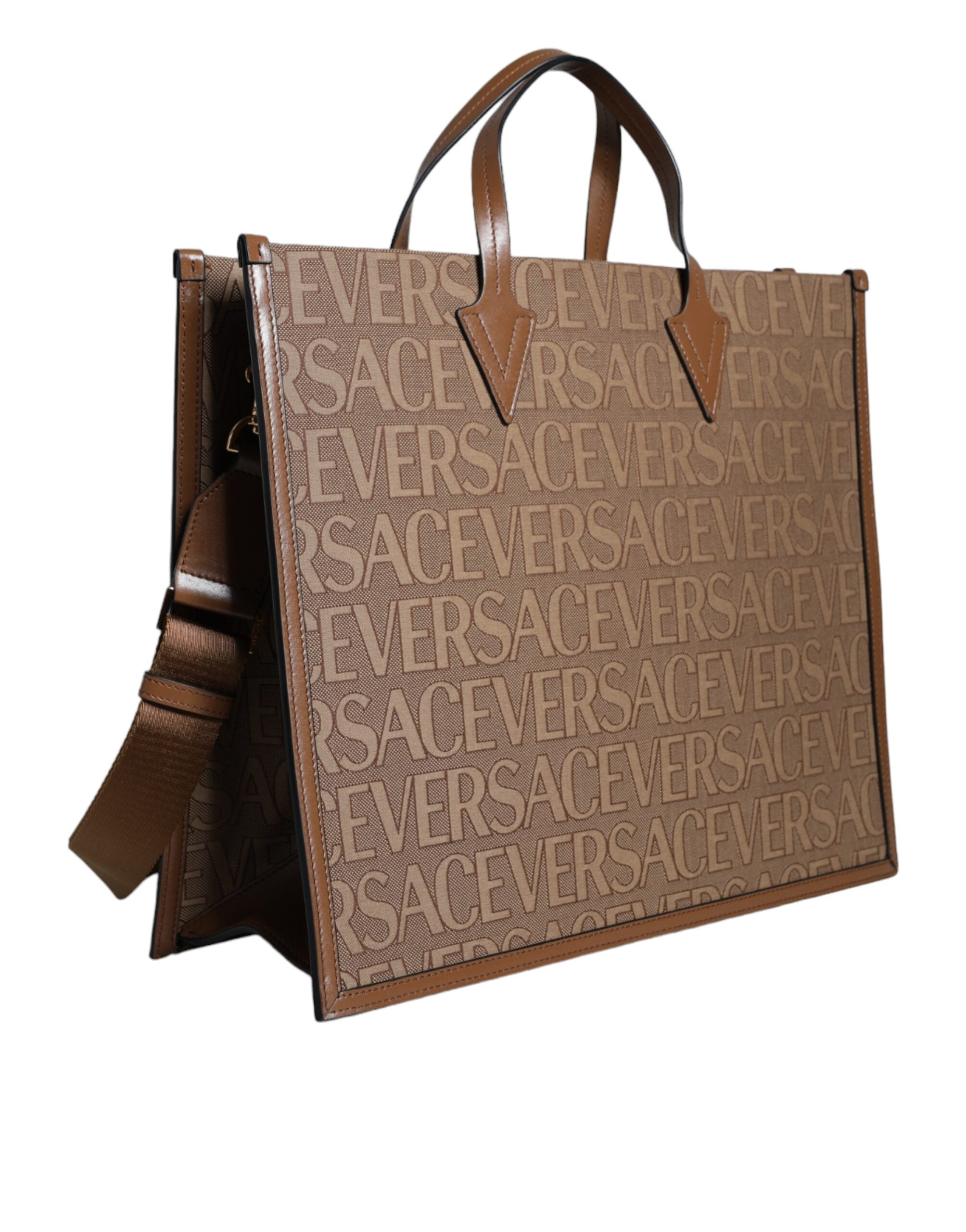 Versace Brown Top Handle Jacquard Leather Logo Crossbody Tote Women's Bag