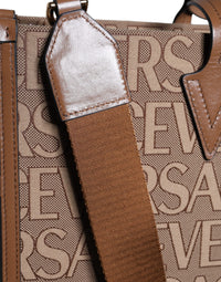 Versace Brown Top Handle Jacquard Leather Logo Crossbody Tote Women's Bag